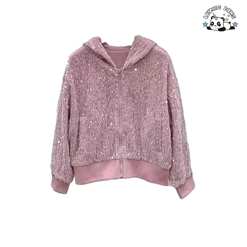 LEZONKIDS - Customized Kids Spring Clothing Outfit Set  Hooded Jacket and Pants Sequin Girls Clothing Sets